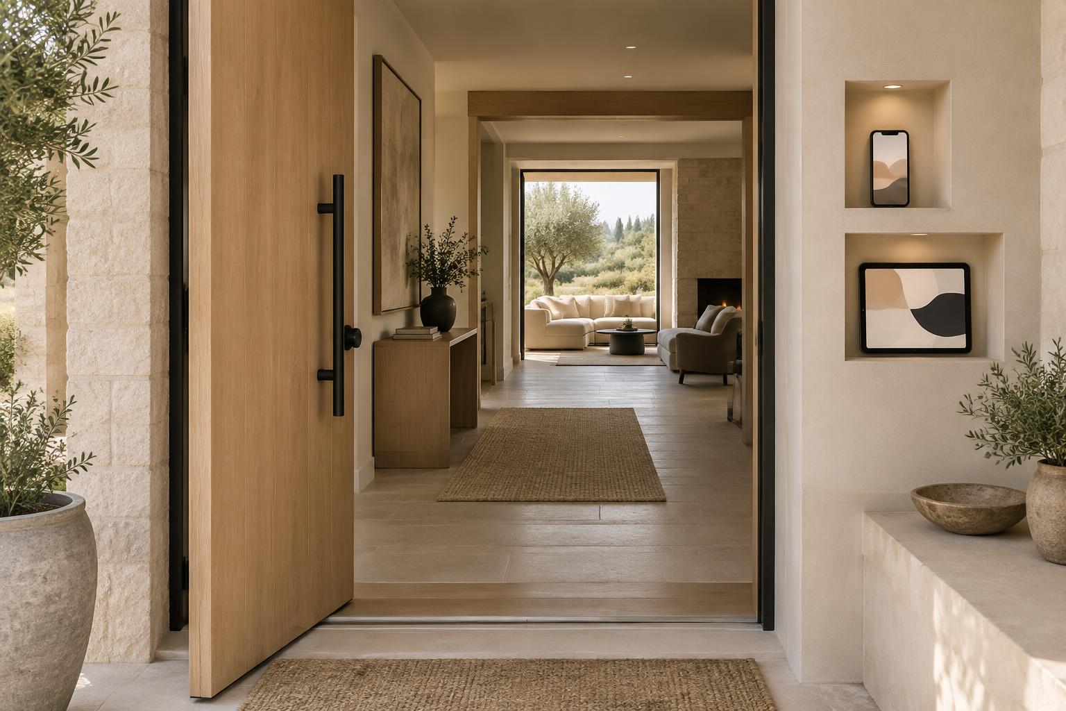 An open doorway leading through a sequence of warm connected rooms
