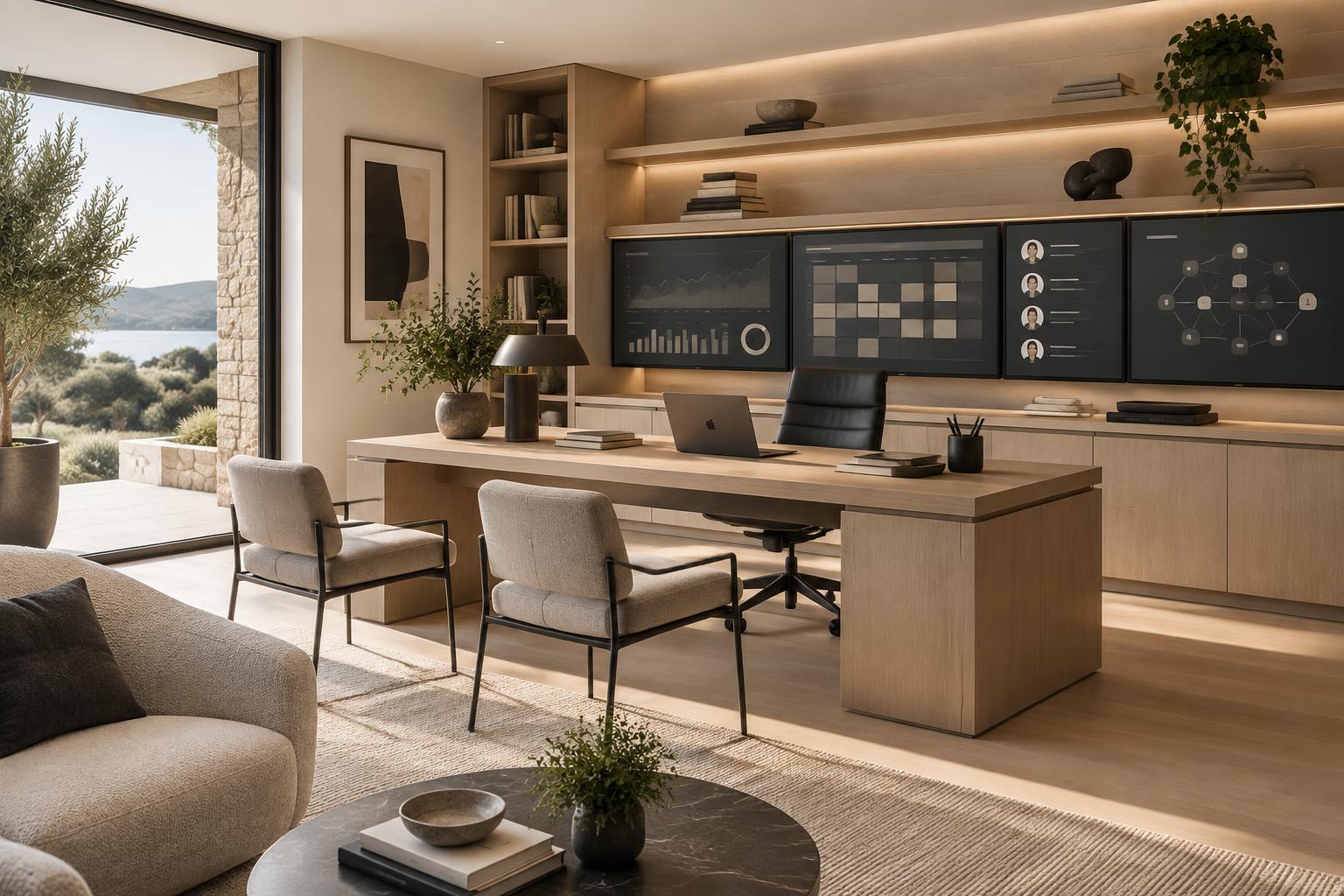 A warm home office with integrated operational dashboards